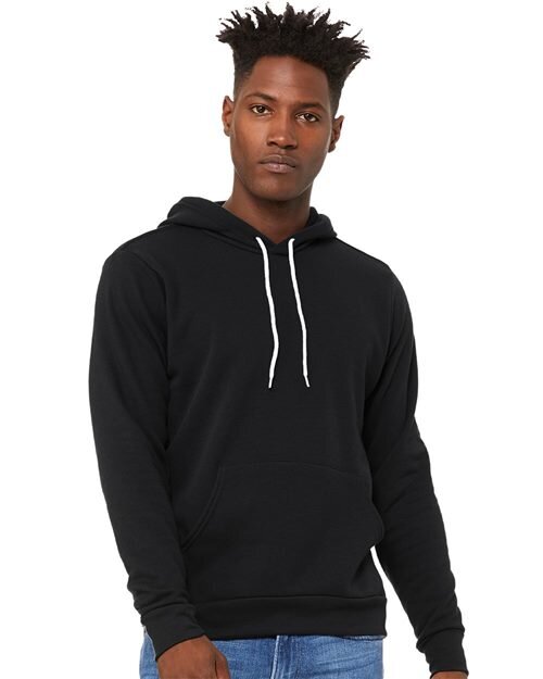 Model wearing a blank black Bella+Canvas 3719 fleece hoodie