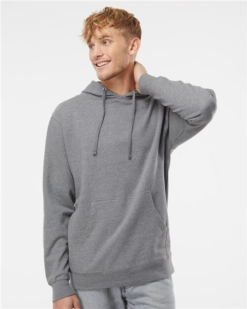 Model wearing a blank heather-gray Independent Trading hooded sweatshirt
